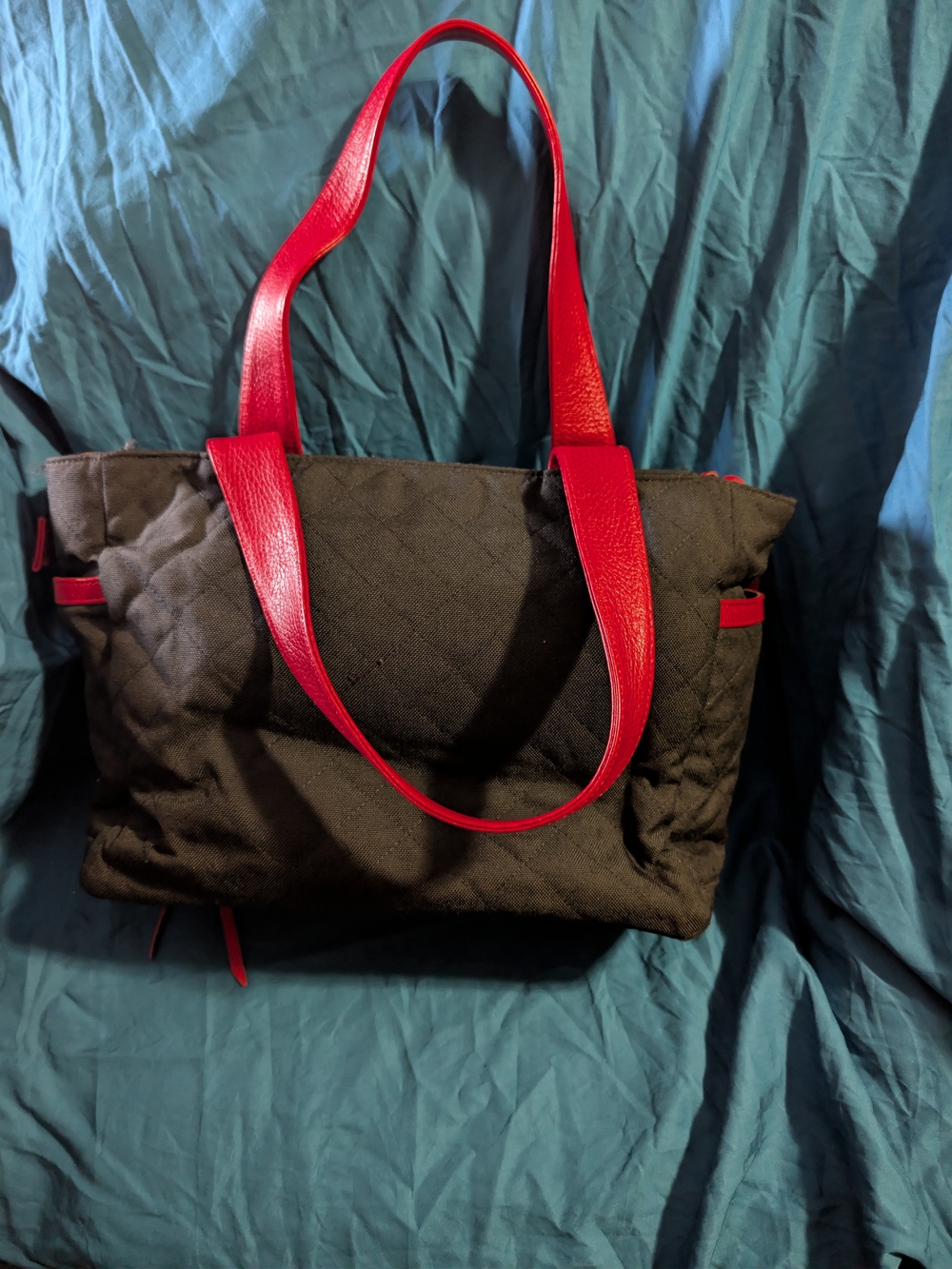 MZ Wallace Black Quilted Tote with Red Leather Straps